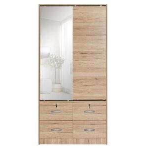 Better Home Products Sarah Double Sliding Door Armoire with Mirror Natural Oak From Better Home Products