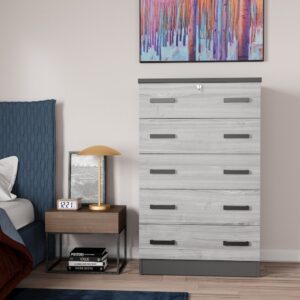 Better Home Products Cindy 5 Drawer Chest Wooden Dresser with Lock in Ebony From Better Home Products