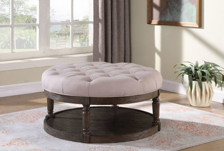 Best Master Tufted Fabric Upholstered Round Ottoman in Rustic Gray/Beige From Best Master Furniture