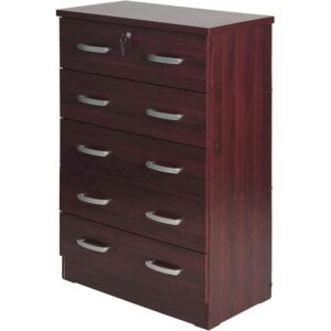 Better Home Products Cindy 5 Drawer Chest Wooden Dresser with Lock in Mahogany From Better Home Products