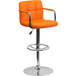 Orange Quilted Vinyl Adjustable Height Barstool with Arms and Chrome Base From Flash Furniture