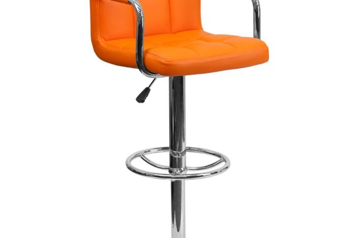 Orange Quilted Vinyl Adjustable Height Barstool with Arms and Chrome Base From Flash Furniture