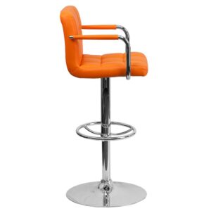 Orange Quilted Vinyl Adjustable Height Barstool with Arms and Chrome Base From Flash Furniture