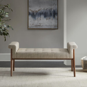 Elevate your living room or bedroom with the INK+IVY Mason Accent Bench. This accent bench features a button tufted seat and key arms that are upholstered in a soft tan fabric