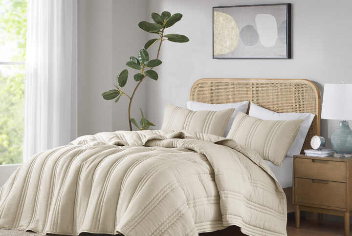 Create a cozy and inviting look for your bedroom with this soft poly gauze quilt set. The quilt and shams feature a channel quilting pattern and a crinkle texture for visual interest and dimension. The quilt is filled with hypoallergenic polyester that contains no allergens and is dust proof