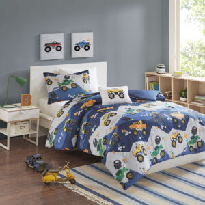 Cruise off to dreamland with the Mi Zone Kids Nash Printed Comforter Set. This ultra-soft blue and grey comforter and shams (1 in Twin/TwinXL) features a colorful monster truck print and a solid blue reverse to create a fun and exciting look. An oblong decorative pillow with a plush applique truck on the face completing the comforter set. Machine washable for easy care