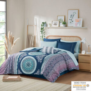 The Intelligent Design Loretta Boho Comforter Set with Bed Sheets brings a bright