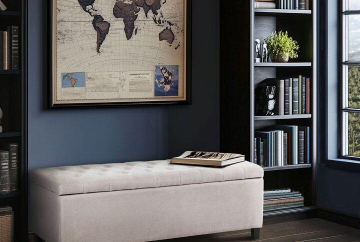The Madison Park Shandra Upholstered Storage Bench blends style and function with a tufted button top and a spacious interior compartment (44.5"W x 15"D x 11"H) for concealed storage. Ideal for entryways