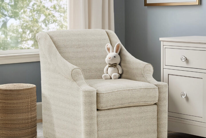 Update your living room decor with simple style and comfort of the Madison Park justin swivel glider chair. Upholstered in tonal jacquard fabric with subtle grey and cream hues