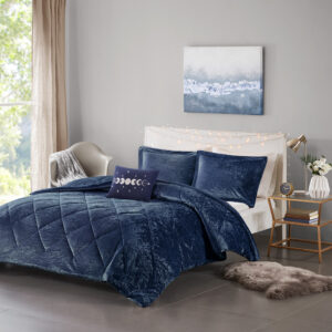 Create a lush and relaxing atmosphere in your bedroom with the Intelligent Design Felicia Velvet Comforter Set. The navy comforter is made from crushed velvet and features diamond quilting for a luxurious look. Matching crushed velvet sham(s) and an oblong decorative pillow complement the comforter to complete the modern style bedding set. Machine washable for easy care