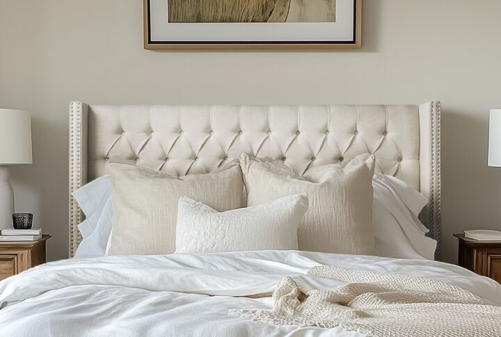 Elevate your bedroom with the Madison Park Amelia Upholstered Headboard