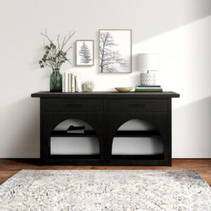 The Chapel Hill Grayson Console brings timeless Arts and Crafts style to any space with its solid wood construction and wire-brushed black and grey finish. Designed for versatility