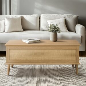 This rattan lift-top coffee table blends mid-century modern elegance with practical functionality