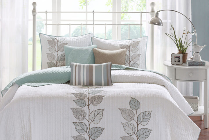 This beautiful 6 Piece Reversible quilt set is a classic stylish look with an embroidered leaf print. Caelie is blue and white with subtle stripes that add texture. The quilt reverses to a soft blue. With a microfiber polyester face and a brushed fabric reverse