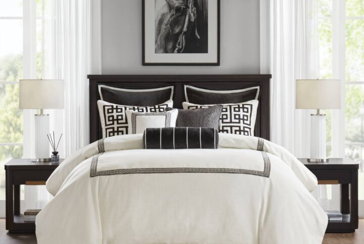 Modern Classic Hotel Deluxe Bedding Set - Elevate your bedroom with timeless hotel-style luxury. This luxury bedding ensemble showcases a Greek-inspired meander embroidery border