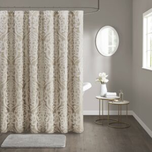 Add a touch of class to your bathroom with our Madison Park Odette Jacquard Shower Curtain. This luxurious textured shower curtain flaunts a gorgeous ivory damask medallion design on a stria tan jacquard ground that adds rich texture and dimension to the lavish look. Measuring 72x72"