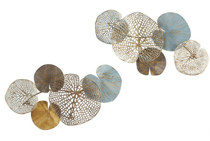 Create a unique display in your home with the Madison Park Lenzie Multi-colored Lily Pad Leaves 2-piece Metal Wall Decor Set. Each metal wall decor features an abstract design in bold and brilliant colors for an eye-catching look. The rough round shapes add dimension and texture to the design