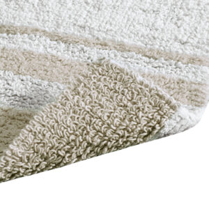 reversible rug has both cut and looped cotton on each side in contrast fashion colors to a white ground for a spa look within your home. The soft highly absorbent cotton on both sides will feel fluffy and absorbent on your feet! A rug pad is highly recommended for safety and to keep rug secured in place. Due to the looped cotton construction