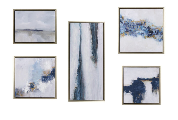 Elevate any space with the modern design of our INK+IVY Blue Drift Abstract 5-piece Gallery Framed Canvas Wall Art Set by Artists Edith Phelps and Zelda Crane. Each art piece features a different abstract design in contrasting blue hues and light neutral colors