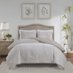 This casual farmhouse style duvet cover set features a pieced clip jacquard pattern in a white and natural two-tone stripe effect. Our duvet covers come with button closures and 4 inner ties to help keep your duvet insert secured (inserts sold separately). This machine washable bedding set is OEKO-TEX certified and features an antimicrobial treatment