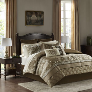 The Madison Park Essentials Zara 16 Piece Jacquard Complete Bedding Set with 2 Sheet Sets offers a luxurious traditional update for your bedroom. An elegant jacquard design