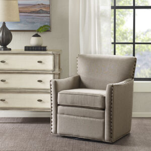 Update your living room decor with the Madison Park Devrim Swivel Chair. The simple and fine lines with copper nail head accents perfectly bring together contemporary and classic styles. High-density foam filling and solid wood frame provide exceptional comfort and support. The swivel feature allows the lounge chair to rotate on its black metal base. Upholstered in a natural-colored fabric