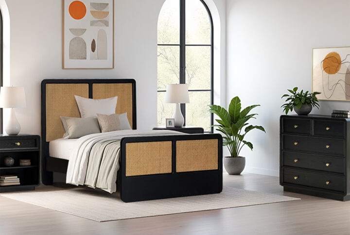The Chapel Hill Deco queen bed brings timeless Art Deco elegance and luxury to any room. Its sleek black satin painted finish and durable sealed surface combining style with practicality