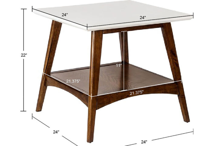 Make a bold statement with our Off-white tops on simple yet classic mid century frames. Complete with a lower shelf in pecan finish. Assembly required.