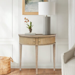 Martha Stewart’s Bedford Home serves as the inspiration for the farmhouse charm of the Crestview Storage Console Table. Flaunting a demilune shape