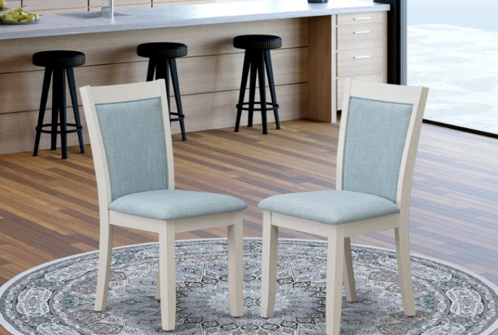 MZC0T15 Dining Room Chairs Set of 2 - Baby Blue Linen Fabric Seat and High Chair Back -Wire Brushed Linen White Finish (SET OF 2) From East West Furniture