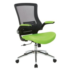 Black Screen Back Manager's Chair with Green Faux Leather Seat and Padded Flip Arms with Silver Accents