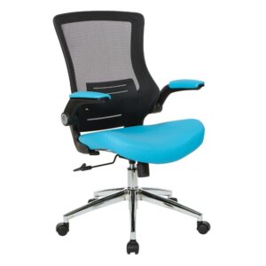 Black Screen Back Manager's Chair with Blue Faux Leather Seat and Padded Flip Arms with Silver Accents