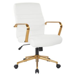 Mid-Back White Faux Leather Chair with Gold Finish Arms and Base K/D