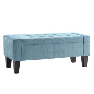 Baytown Storage Bench in Blue Smoke Fabric with Grey Washed Leg Finish