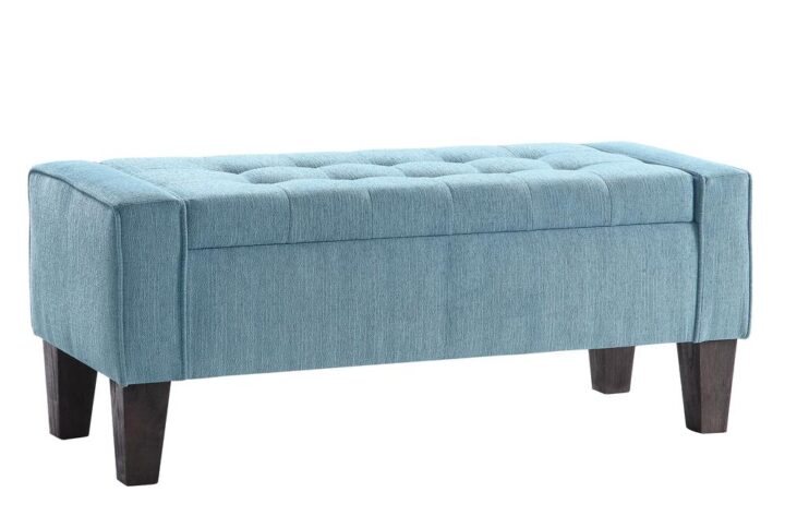 Baytown Storage Bench in Blue Smoke Fabric with Grey Washed Leg Finish