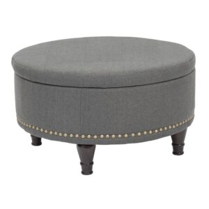 Augusta Round Storage Ottoman in Klein Charcoal Fabric and Antique Bronze Nailheads