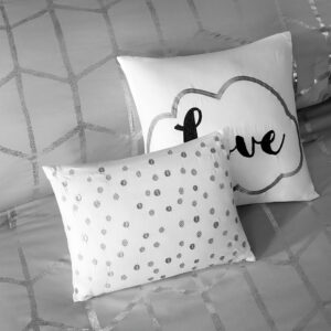 metallic silver print against a soft grey ground for a fun and eye-catching look! Matching sham(s) echo the design seen on top of the bed to pull the entire ensemble together. Two embroidered decorative pillows with typography and metallic details complete this fabulous