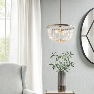 The Hampton Hill Melrose 2-Light Beaded Chandelier offers a beautiful combination of modernity and elegance to elevate your decor. This chandelier features an antique brass finish metal frame with white bead detailing accenting the dish-shaped shade. The 2 multidirectional light bulb sockets in the center of the chandelier provide plenty of light to illuminate your dining room or kitchen space. 2 Type A bulbs are needed (not included).