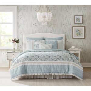 The Madison Park Dawn 9 Piece Cotton Percale Comforter Set offers a shabby chic update to your bedroom decor. A paisley print is featured on the cotton comforter with pintucked fabric separated by lace taping embellishments. Around the edge