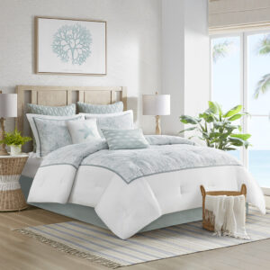 Bring the ocean into your home with the Harbor House Maya Bay Collection. A dark seafoam blue is the accent color used in this beach themed comforter and shams playing up the seashell and sand dollar all over embroidery. Made from 200 thread count cotton