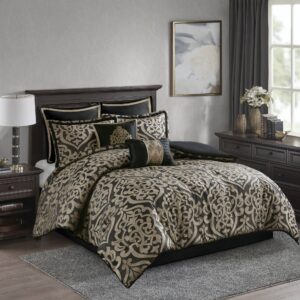 Add a touch of class to your bedroom with the Madison Park 8 Piece Jacquard Comforter Set. The luxurious textured jacquard comforter and shams flaunt a gorgeous damask medallion design with striations on the satin ground that add dimension to the lavish look. A solid color reverse and stunning Euro shams complement the top of the bed to complete the ensemble. Also included are two decorative pillows that feature embroidery and cording details