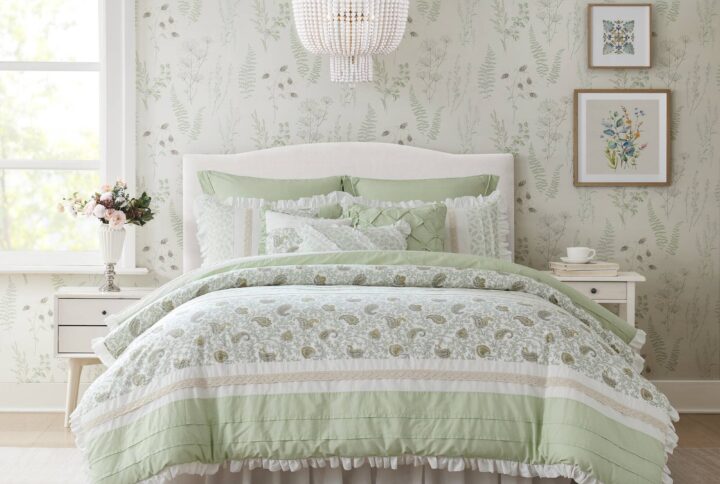 The Madison Park Dawn 9-Piece Floral Comforter Set brings shabby chic charm with its elegant floral pattern and cottage-inspired details like pintucking