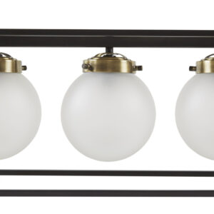 the INK+IVY Helena 6-Light Frosted Glass Globe Linear Chandelier offers a bold vintage update to your dining decor. This rectangular chandelier features an open cage design with 6 glass globe shades that brilliantly illuminate your space. An antique brass rectangular ceiling mount with 2-side downrods complements the transitional look that easily reinvigorates your kitchen or dining room. Uses 6