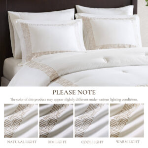 featuring the cultural elegance of Greek fret border embroidery in gold on a crisp white background. Complete with matching shams with flanges and a bed skirt