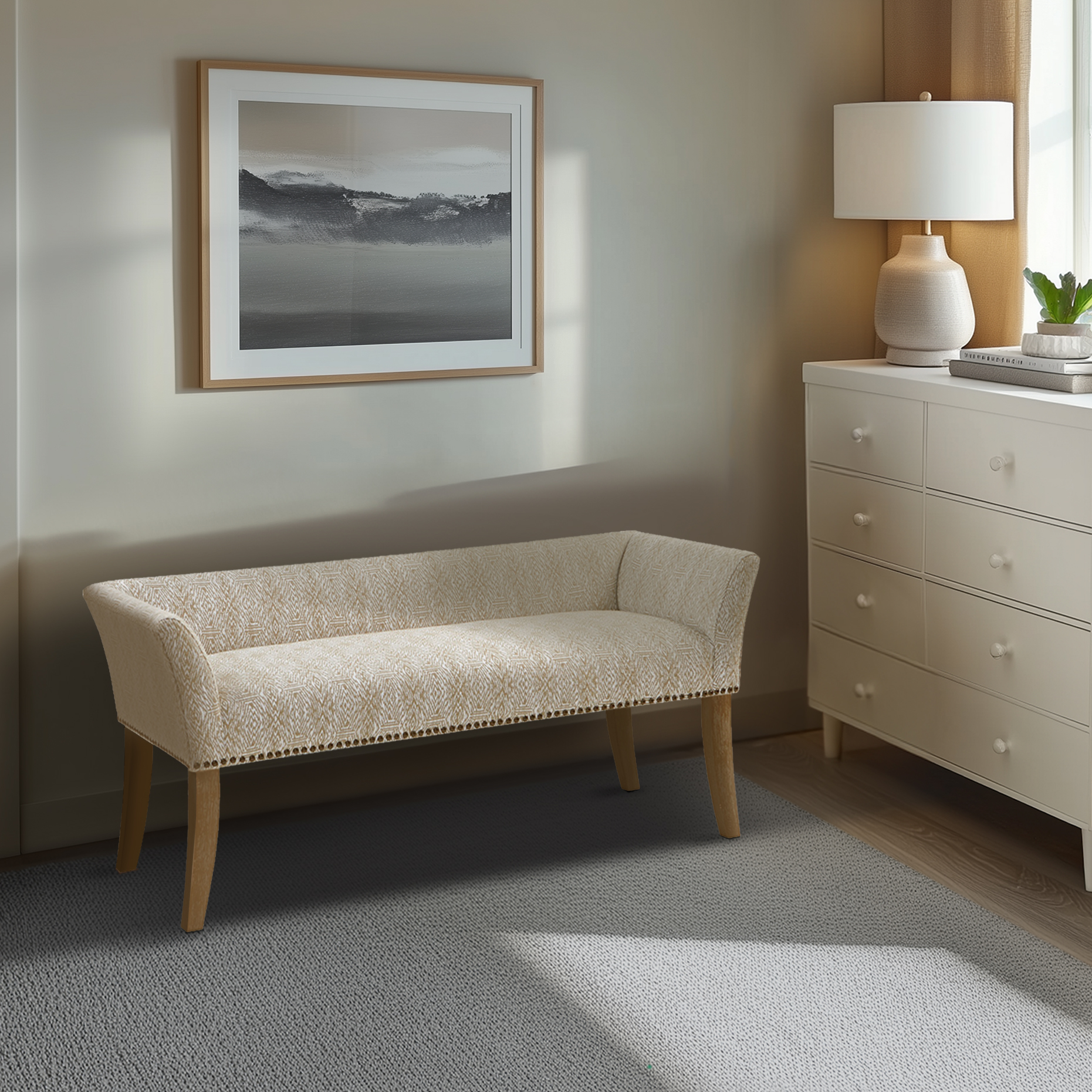 Welburn 49.5″ Upholstered Bench with Back & Wood Legs