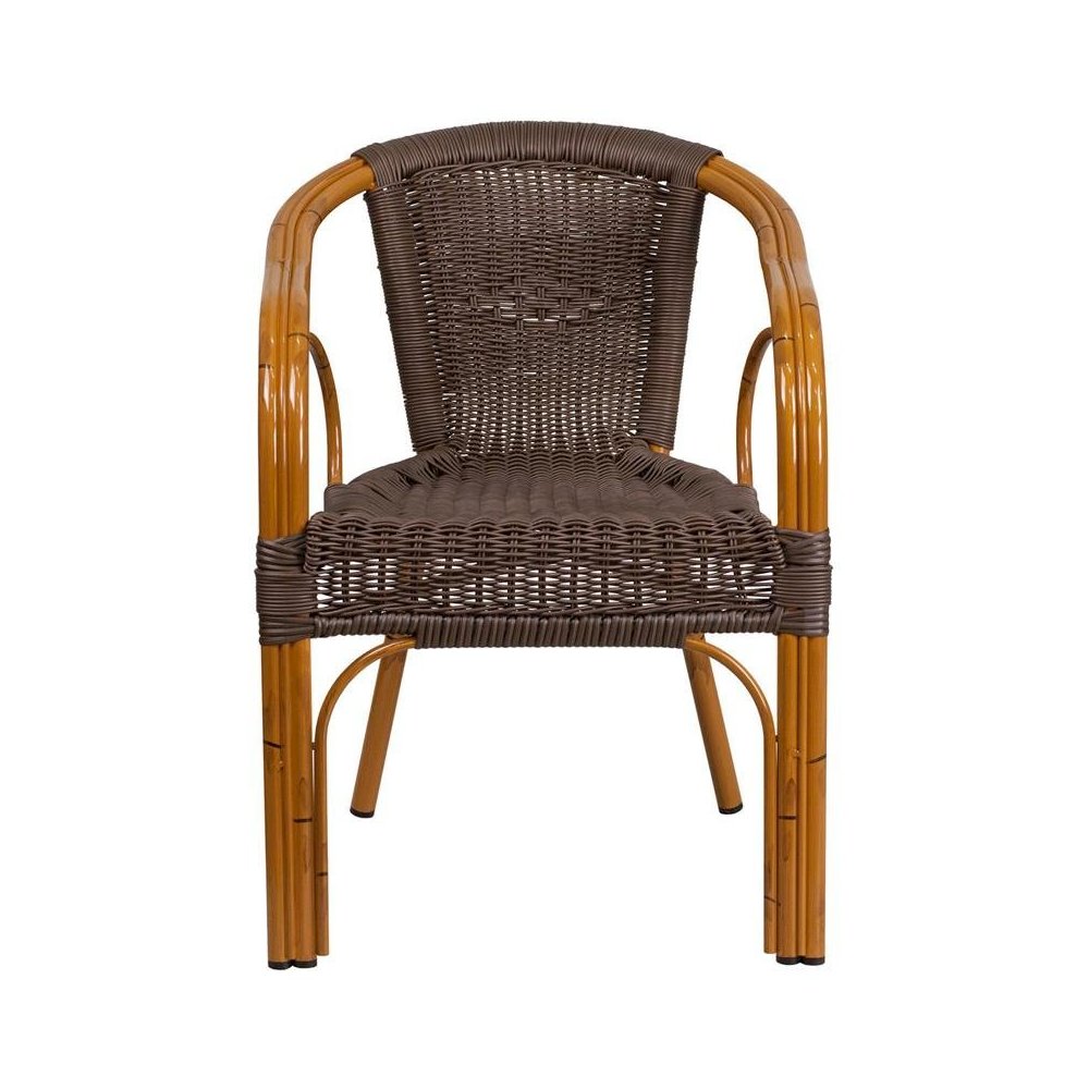 Dark Brown Rattan Patio Chair with Red Bamboo-Aluminum Frame pack of 3