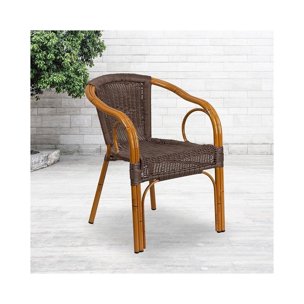 Dark Brown Rattan Patio Chair with Red Bamboo-Aluminum Frame pack of 3