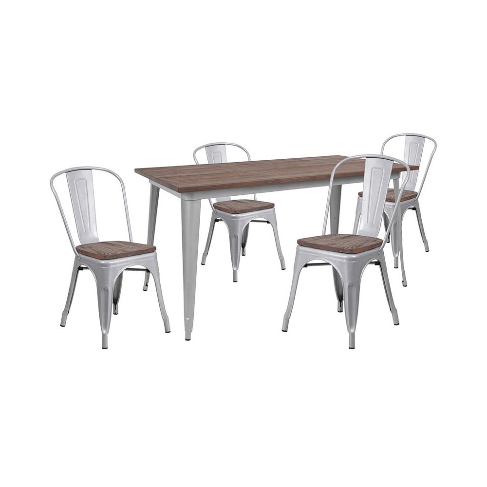 0.25″ x 60″ Silver Metal Table Set with Wood Top and 4 Stack Chairs