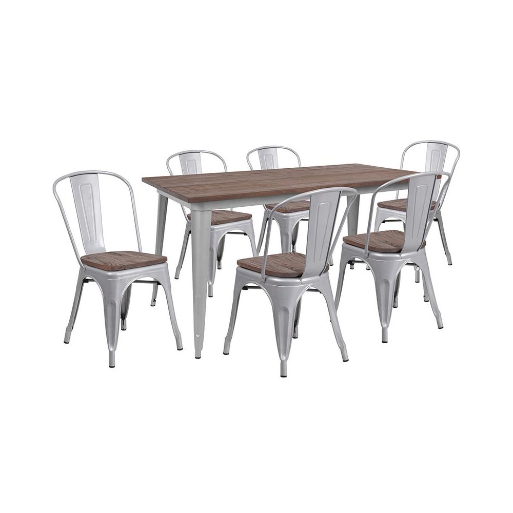 0.25″ x 60″ Silver Metal Table Set with Wood Top and 6 Stack Chairs