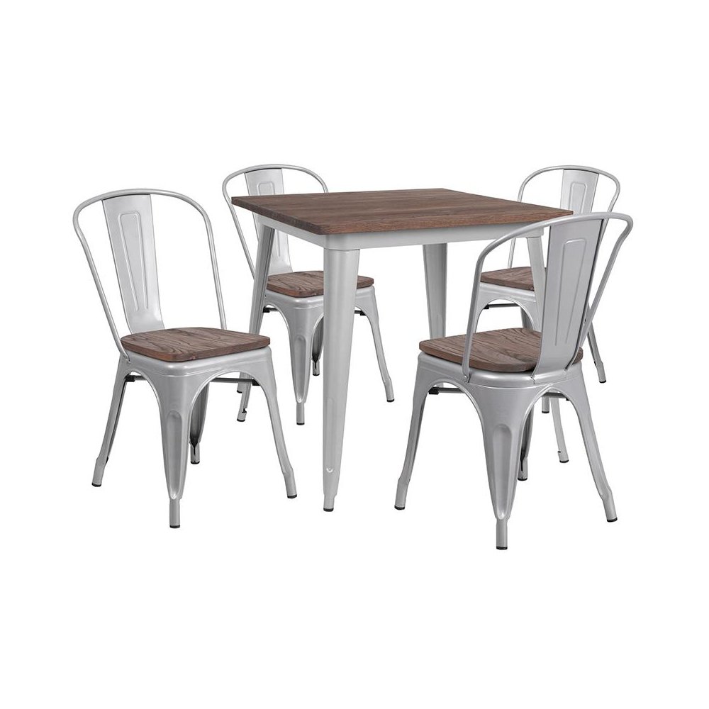 1.5″ Square Silver Metal Table Set with Wood Top and 4 Stack Chairs